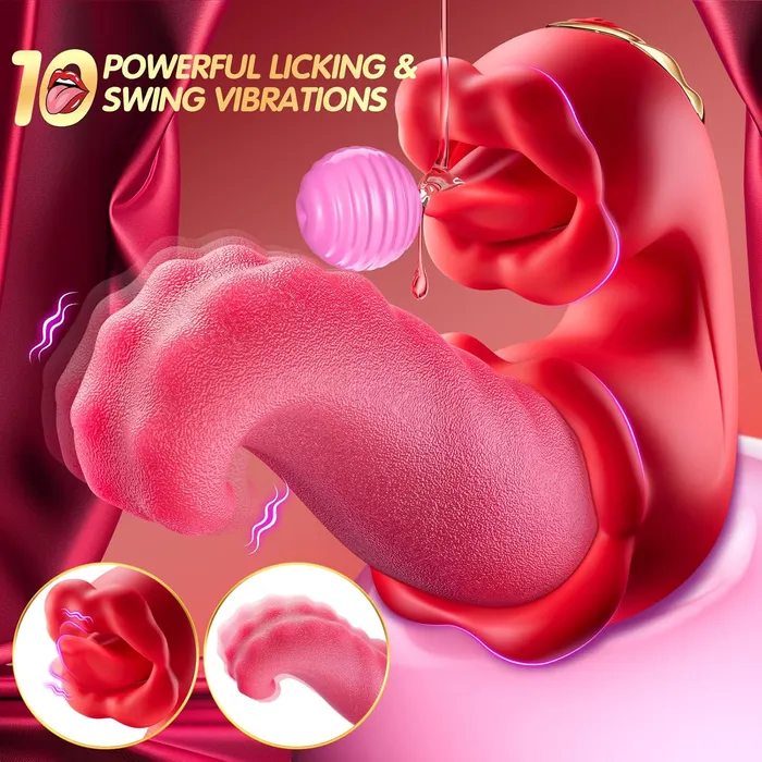 Female Sex Toys Adorime 4 in 1 Tongue Licking Thrusting Clitoral Vibrator with 10 Vibration Mode Kissing Long Tongue Pussy To Mouth