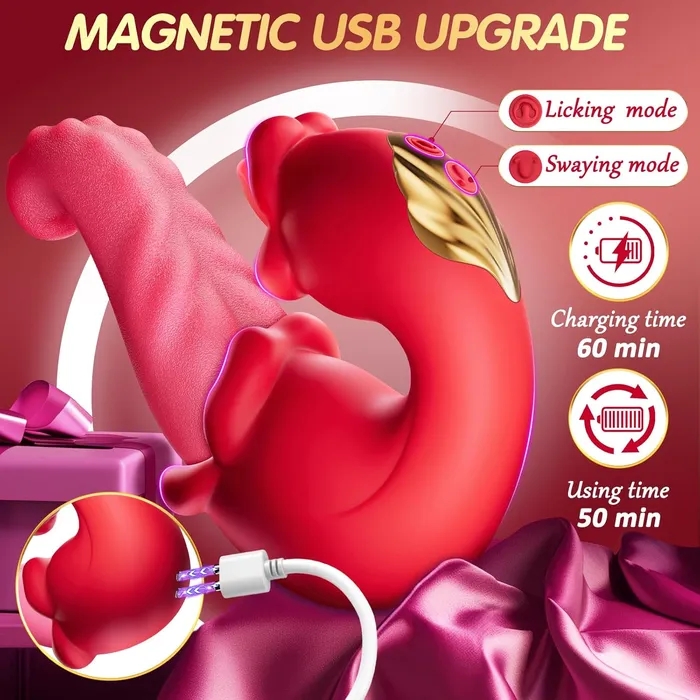 Female Sex Toys Adorime 4 in 1 Tongue Licking Thrusting Clitoral Vibrator with 10 Vibration Mode Kissing Long Tongue Pussy To Mouth