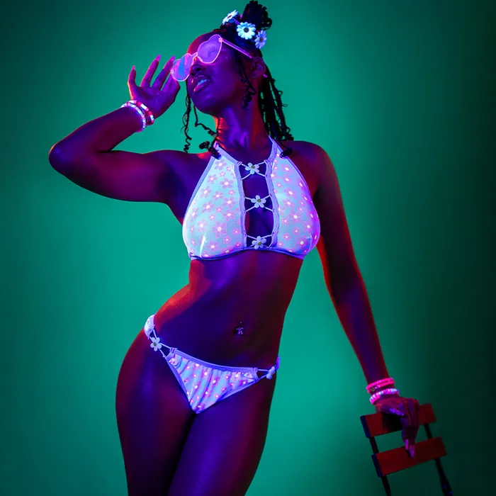 Female Sex Toys Exposed Daisy Charm UVReactive Halter Bralette Panty Set Magic Silk