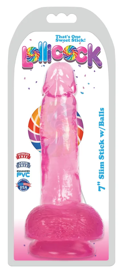 Curve Toys Dildos Lollicock 7 Inch Slim Stick With Balls Cherry Ice