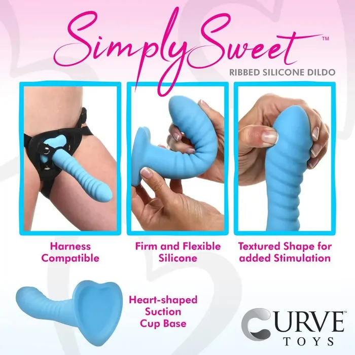 Curve Toys Dildos Ribbed Dildo Sex Toy Textured Dildo Heart Suction Cup Sex Toy Silicone Blue