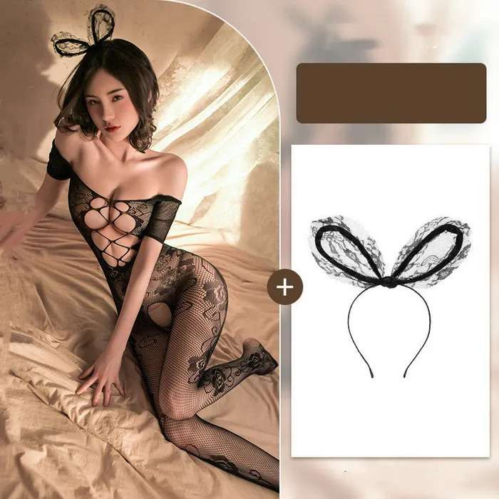 Sexy OnePiece Transparent Jacquard Stockings Cosplay Costume with Ears CJ Male Sex Toys