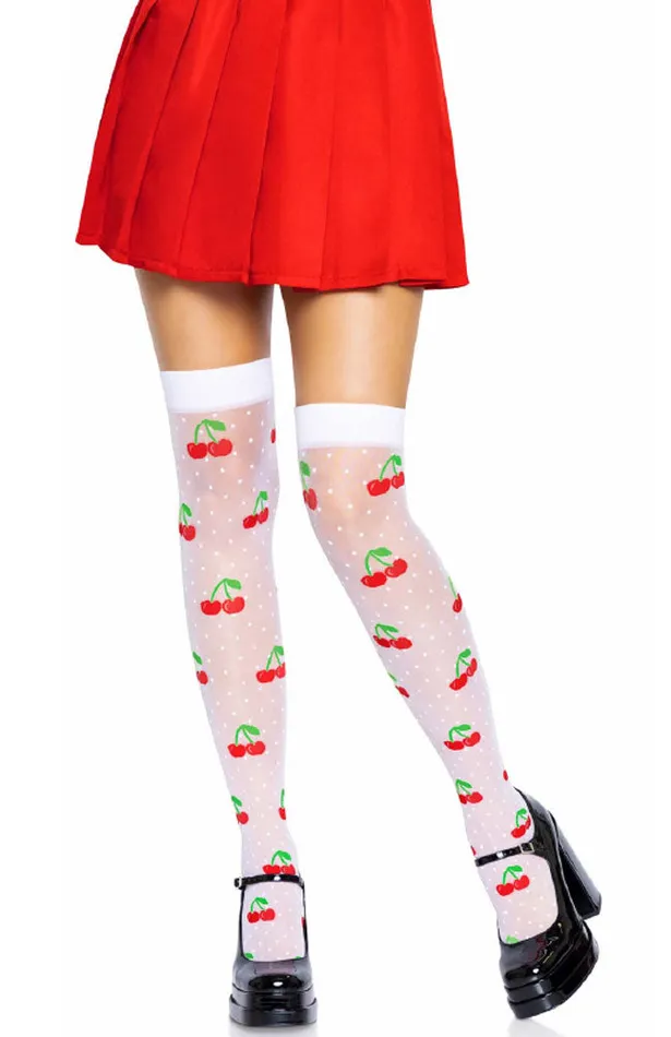 Vibrators Sheer Polka Dot Cherry Thigh Highs One Size Whitered 2024 Holiday Sale Specials