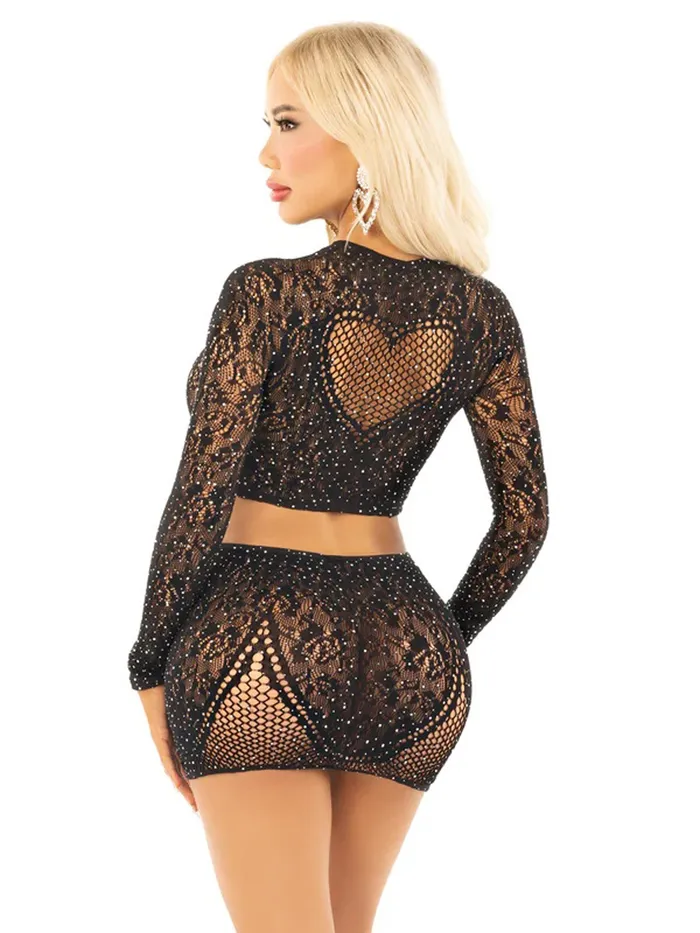 Black 2pc Rhinestone Lace and Net Crop Top with Heart Keyhole Mini Skirt Os Leg Avenue Anal