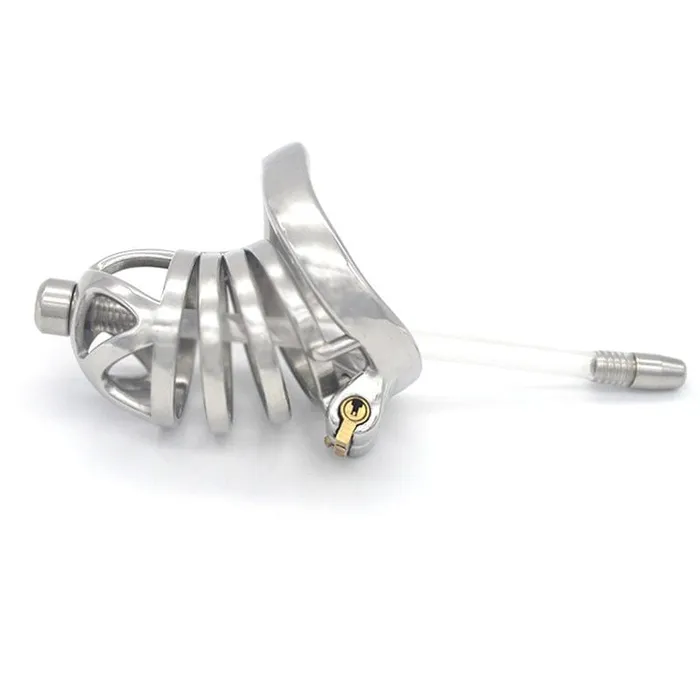Moonwell Male Sex Toys 0687M Steel Cage Locking Chastity with Cum Thru Urethral Probe