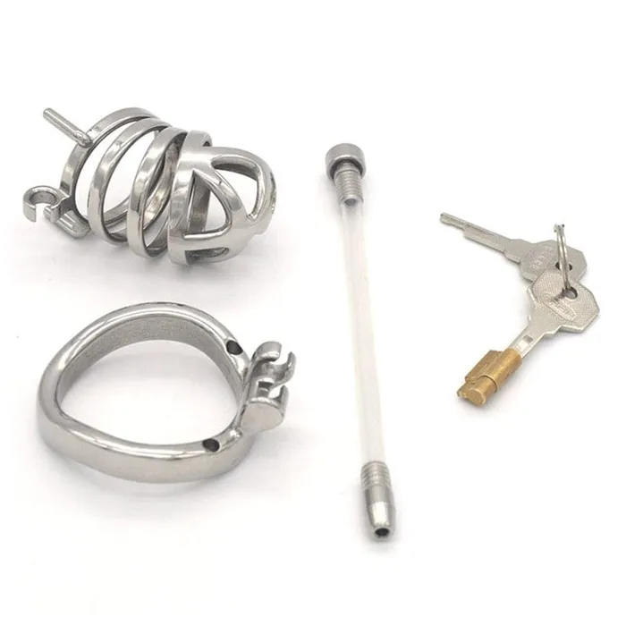 Moonwell Male Sex Toys 0687M Steel Cage Locking Chastity with Cum Thru Urethral Probe