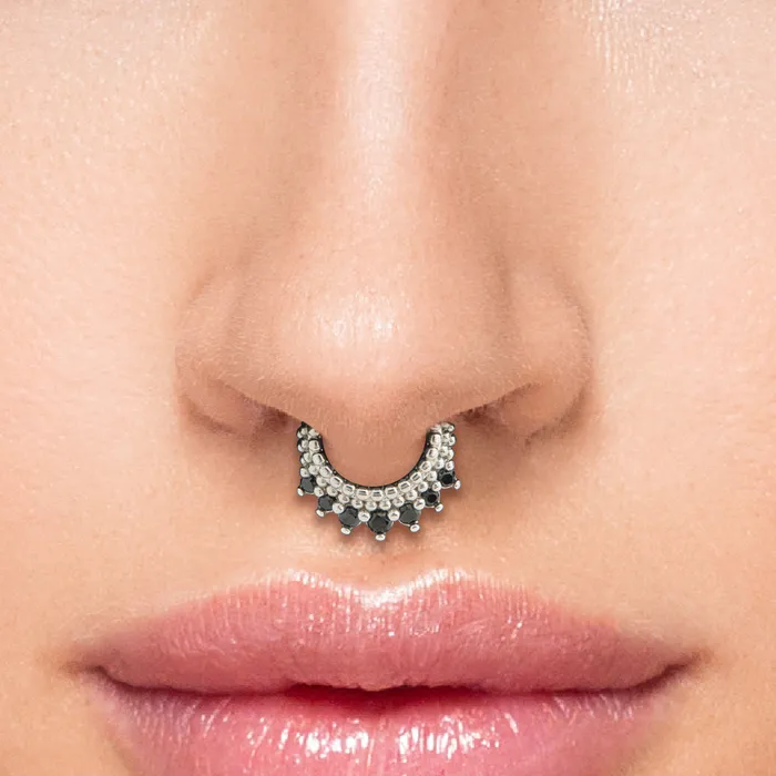 Anal Painful Pleasures 16g Rhodium Plated Black Jeweled Bijoux Steel Septum Clicker