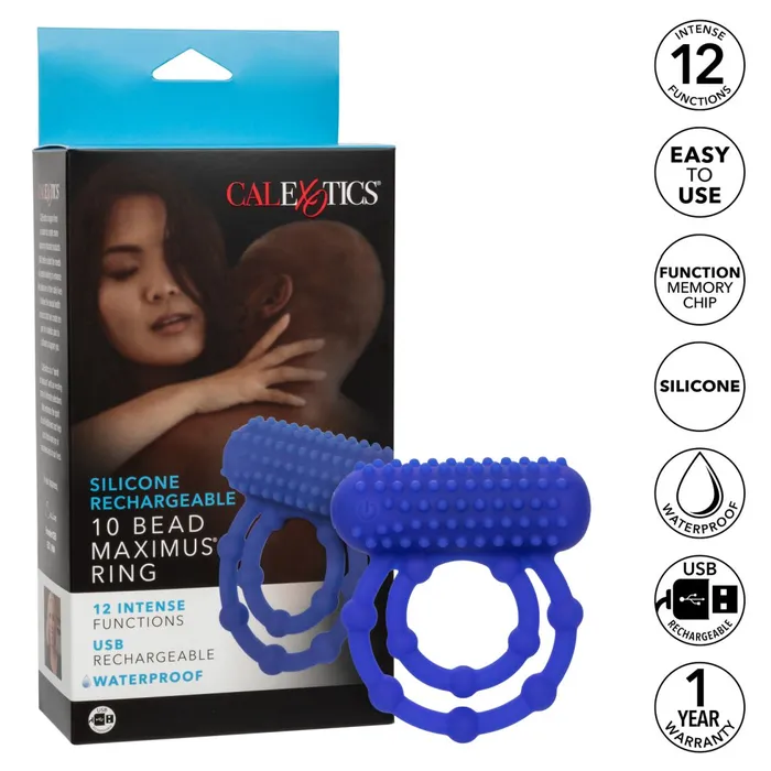 Couples CalExotics Maximus 10 Bead Vibrating Beginner Cock Ring for Couples Blue