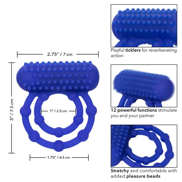 Couples CalExotics Maximus 10 Bead Vibrating Beginner Cock Ring for Couples Blue