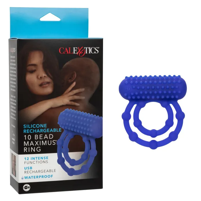 Couples CalExotics Maximus 10 Bead Vibrating Beginner Cock Ring for Couples Blue