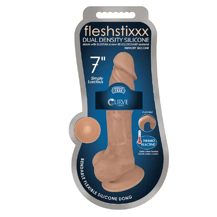 Curve Toys Dildos Fleshstixxx 7 Inch Bendable Silicone Dildo with Balls Caramel