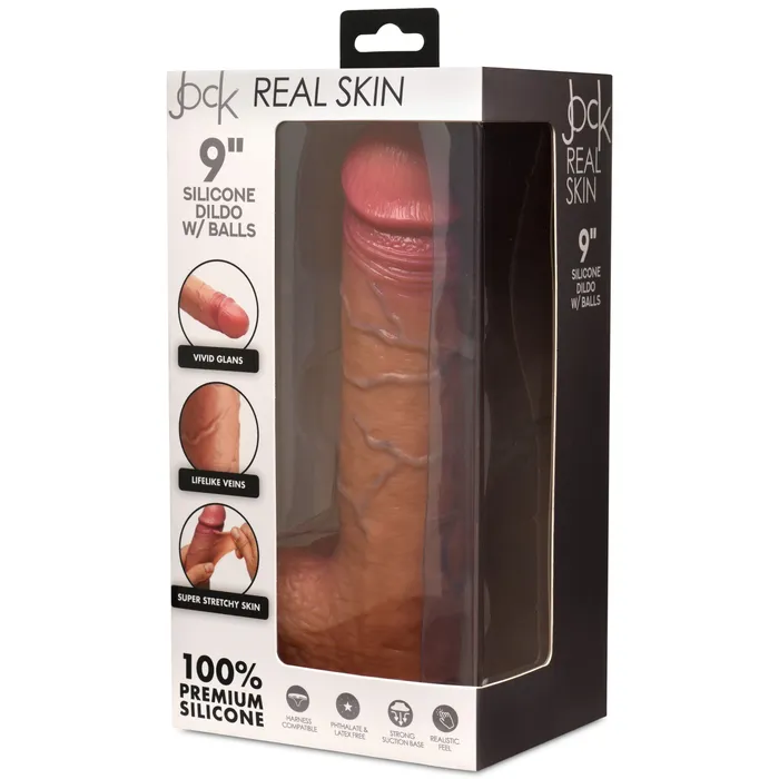 Dildos XR Brands Jock Real Skin 9 Inch Silicone Suction Cup Dildo with Balls Caramel