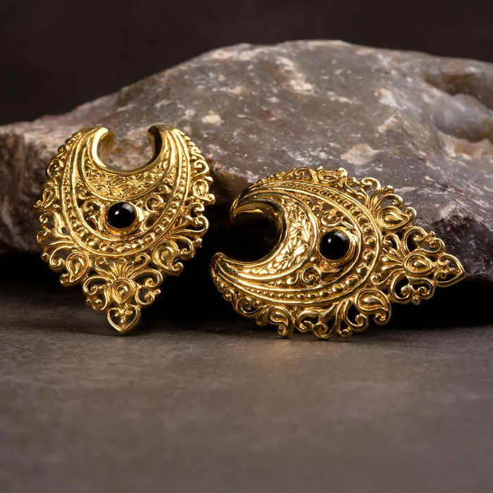 Elementals Organics Anal Polished Brass Filigree Black Onyx Saddle Plugs Price Per 2