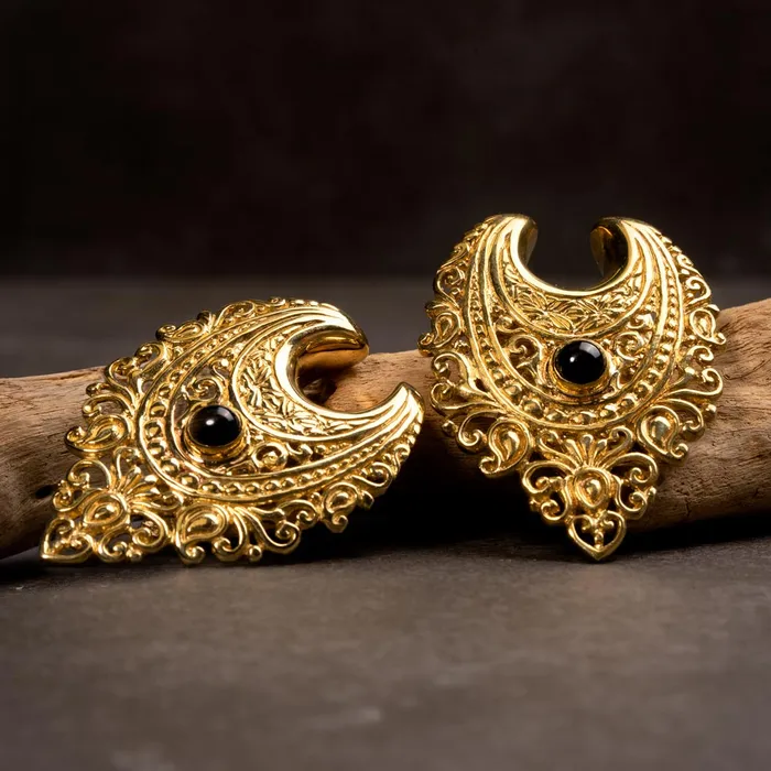 Elementals Organics Anal Polished Brass Filigree Black Onyx Saddle Plugs Price Per 2