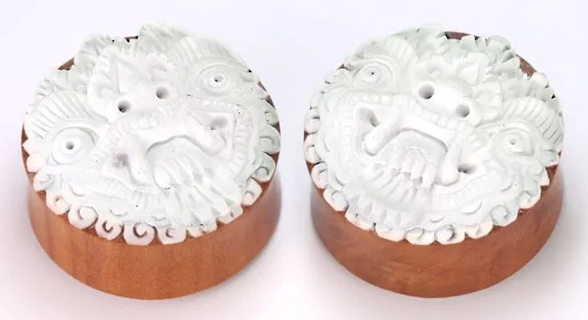 Elementals Organics Anal Resin MASK Face Inlayed on Saba Wood Organic Plug Body Jewelry 16mm 30mm Price per 1