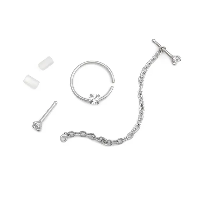 Male Sex Toys 20g 14 Crystal Nose Bone Chain and Ring Jewelry Set Painful Pleasures