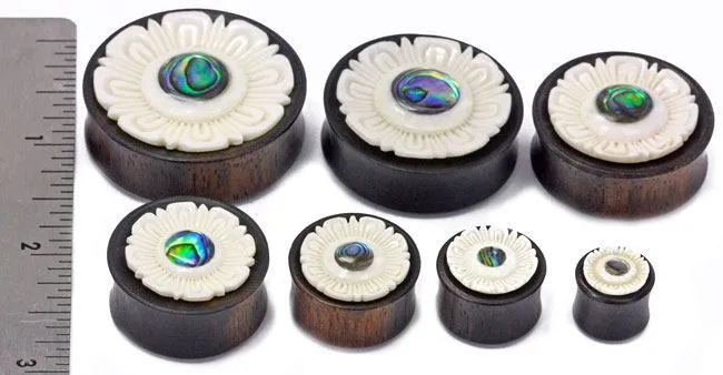 Male Sex Toys Elementals Organics Areng Wood Double Flared Aztec Flower Plug with Abalone Inlay Price Per 1