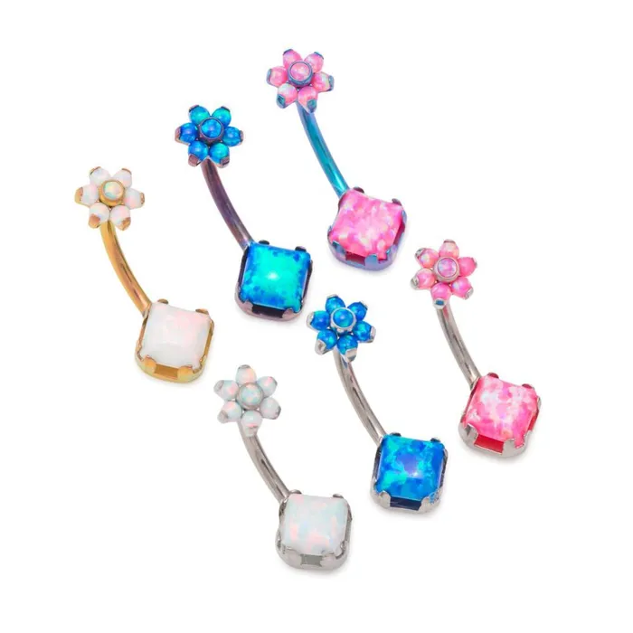 Male Sex Toys Painful Pleasures 14g 716 Internally Threaded PrincessCut Opal Titanium Belly Button Ring with Opal Flower Top