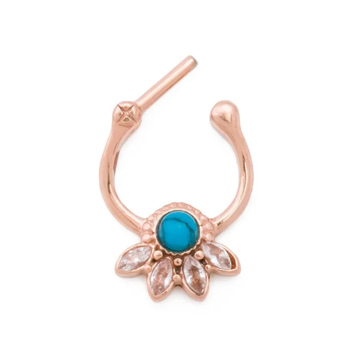 Painful Pleasures 16g Turquoise Jeweled Lotus PVD Rose Gold Septum Clicker Vibrators