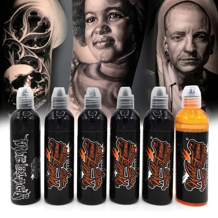 World Famous Anal Erich Rabel Greywash Set of 6 Bottles World Famous Tattoo Ink 4oz