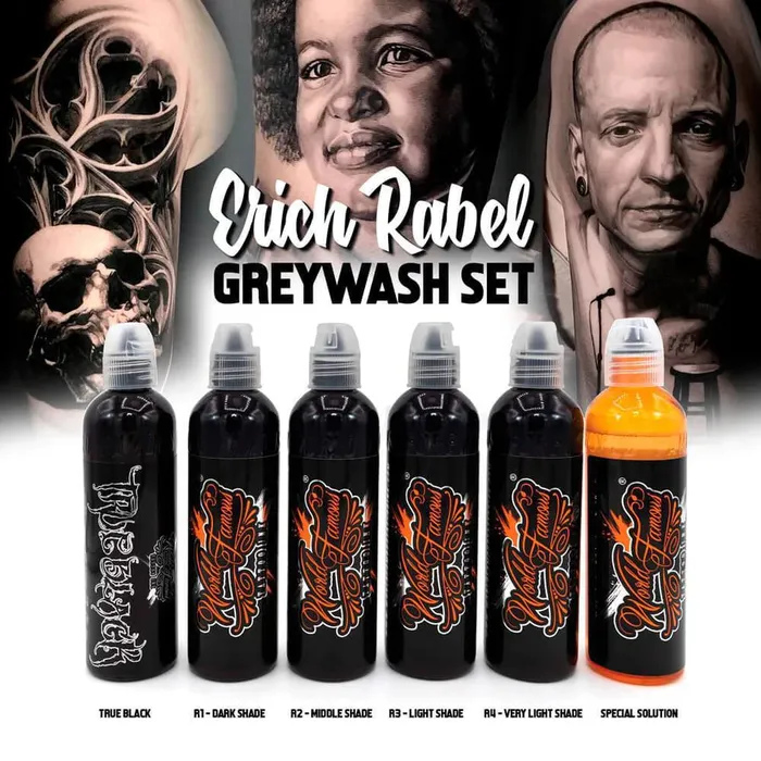 World Famous Anal Erich Rabel Greywash Set of 6 Bottles World Famous Tattoo Ink 4oz